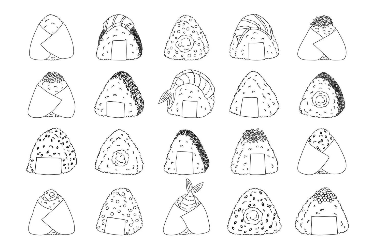 Hand drawn onigiri clipart set. Japanese fast food made of rice. Rice ball in nori seaweed vector