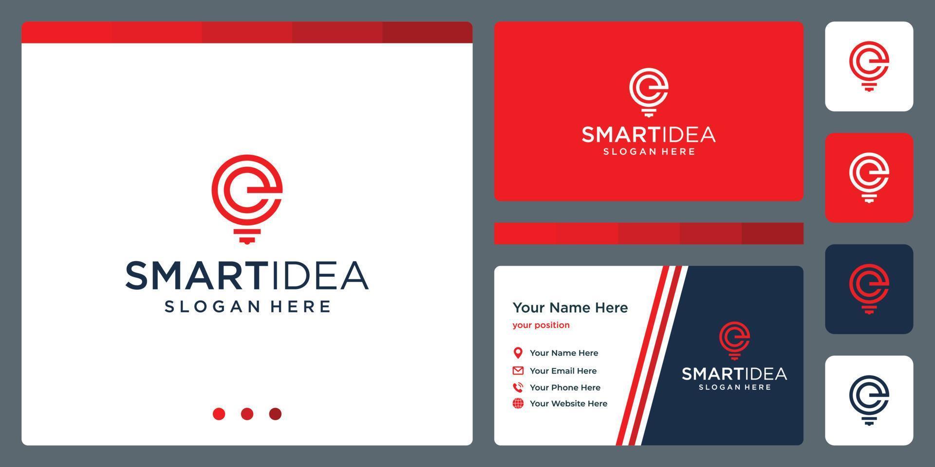 smart idea with shape lamp bulb and initials letter e. business card design template. vector premium