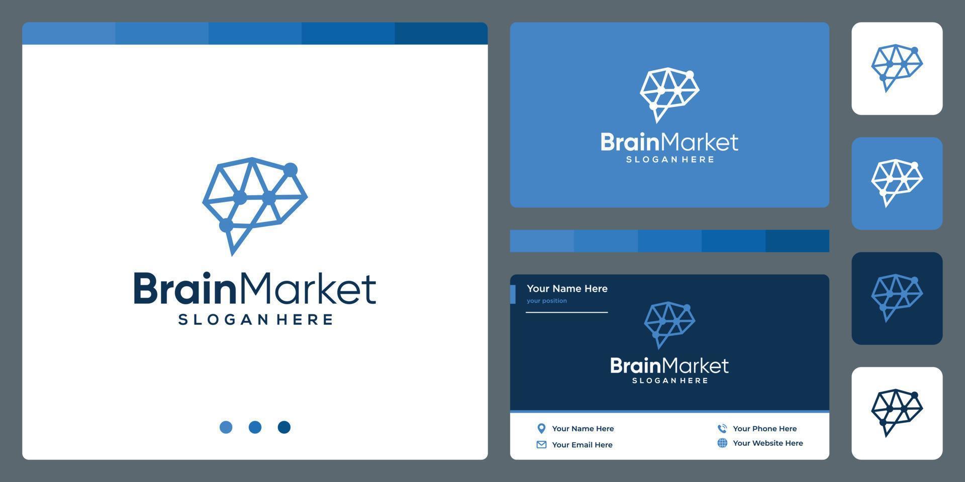 brain technology logo with financial investment analytics and business card design template vector
