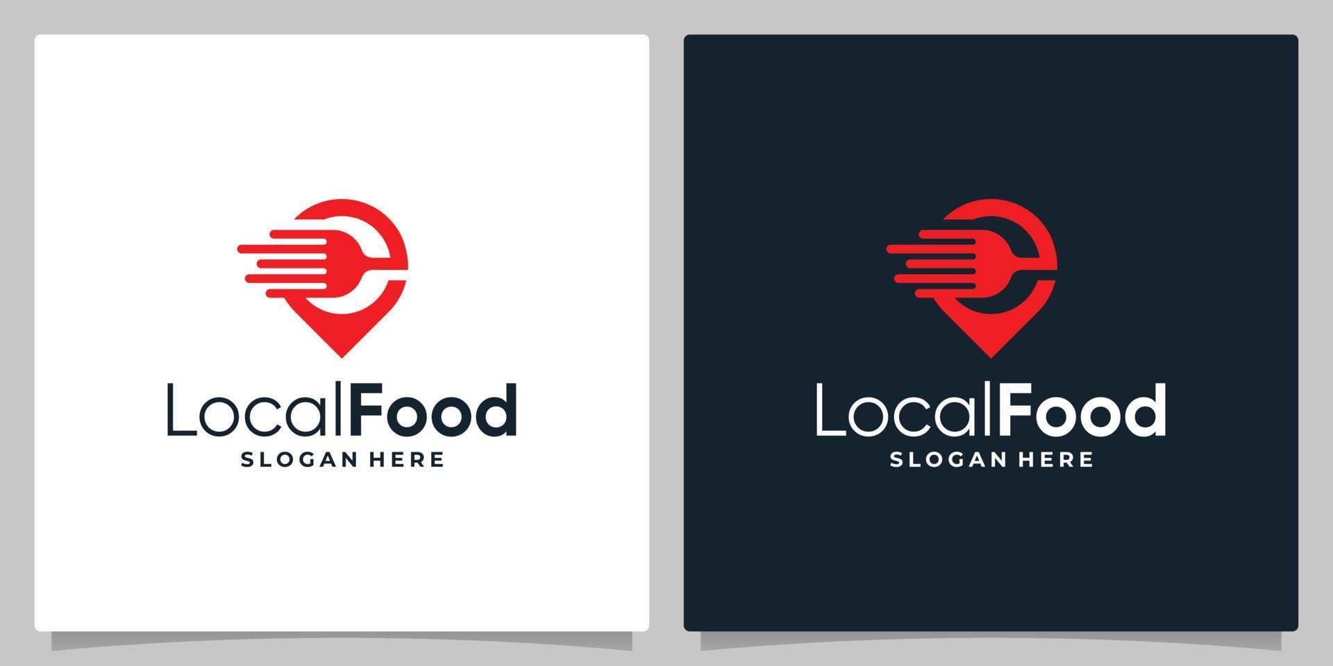 Map pin location symbol with logo a fork spoon and fast speed logo. business card design. vector