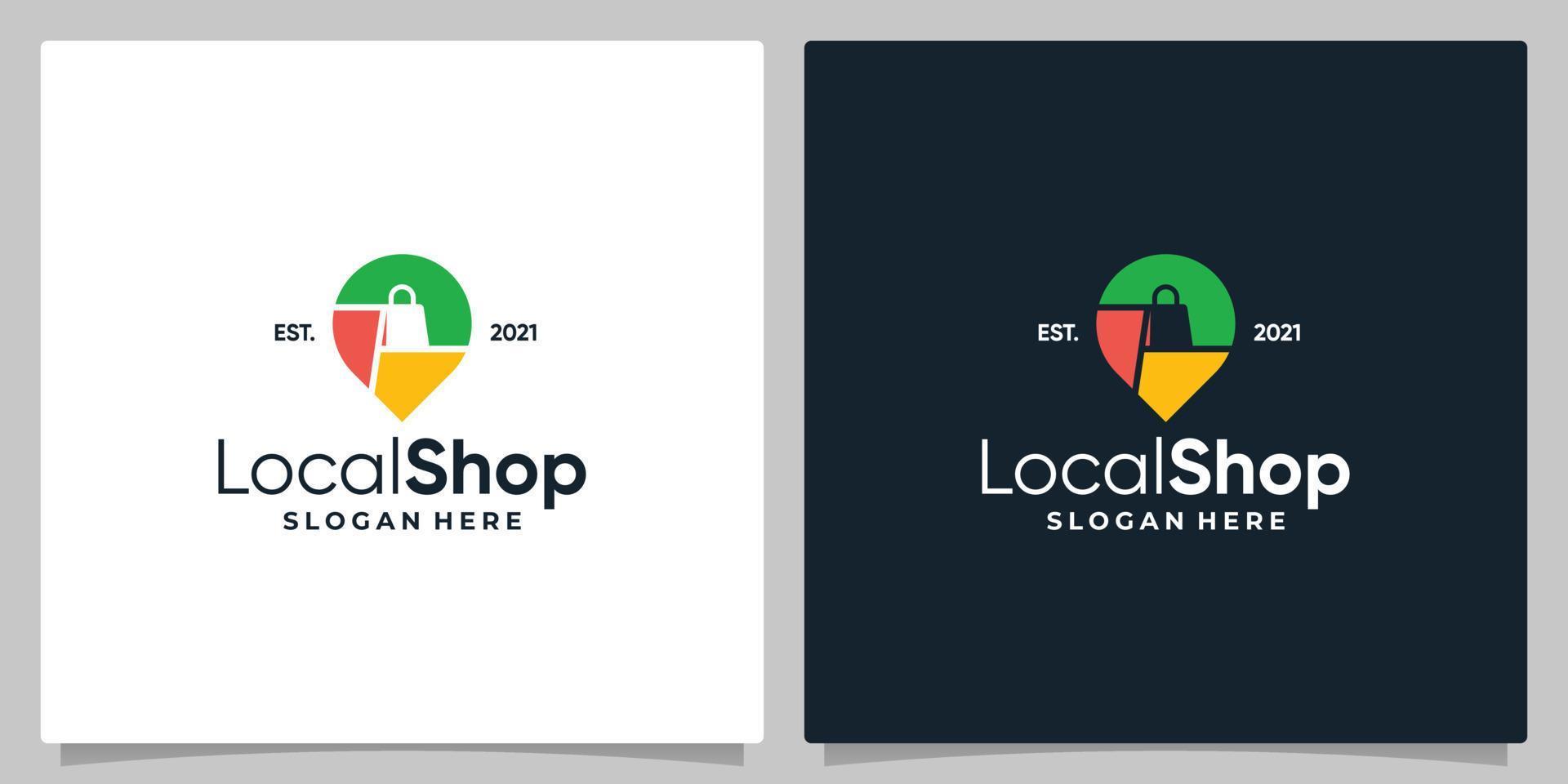 Map pin location symbol with logo a shopping bag and business card design. vector