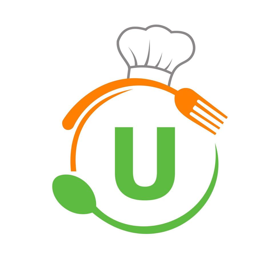 Letter U Logo With Chef Hat, Spoon And Fork For Restaurant Logo. Restaurant Logotype vector