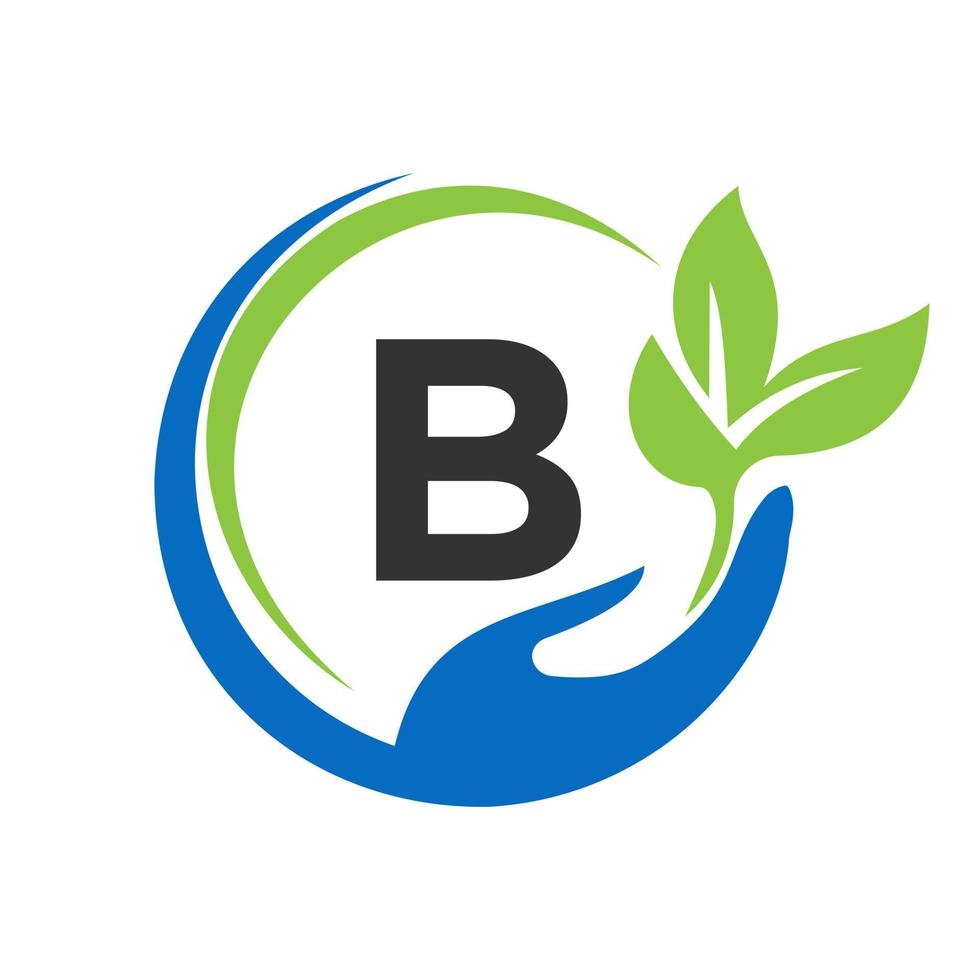 mano en el diseño del logotipo de la letra b. cuidado de la salud, fundación con símbolo de mano vector