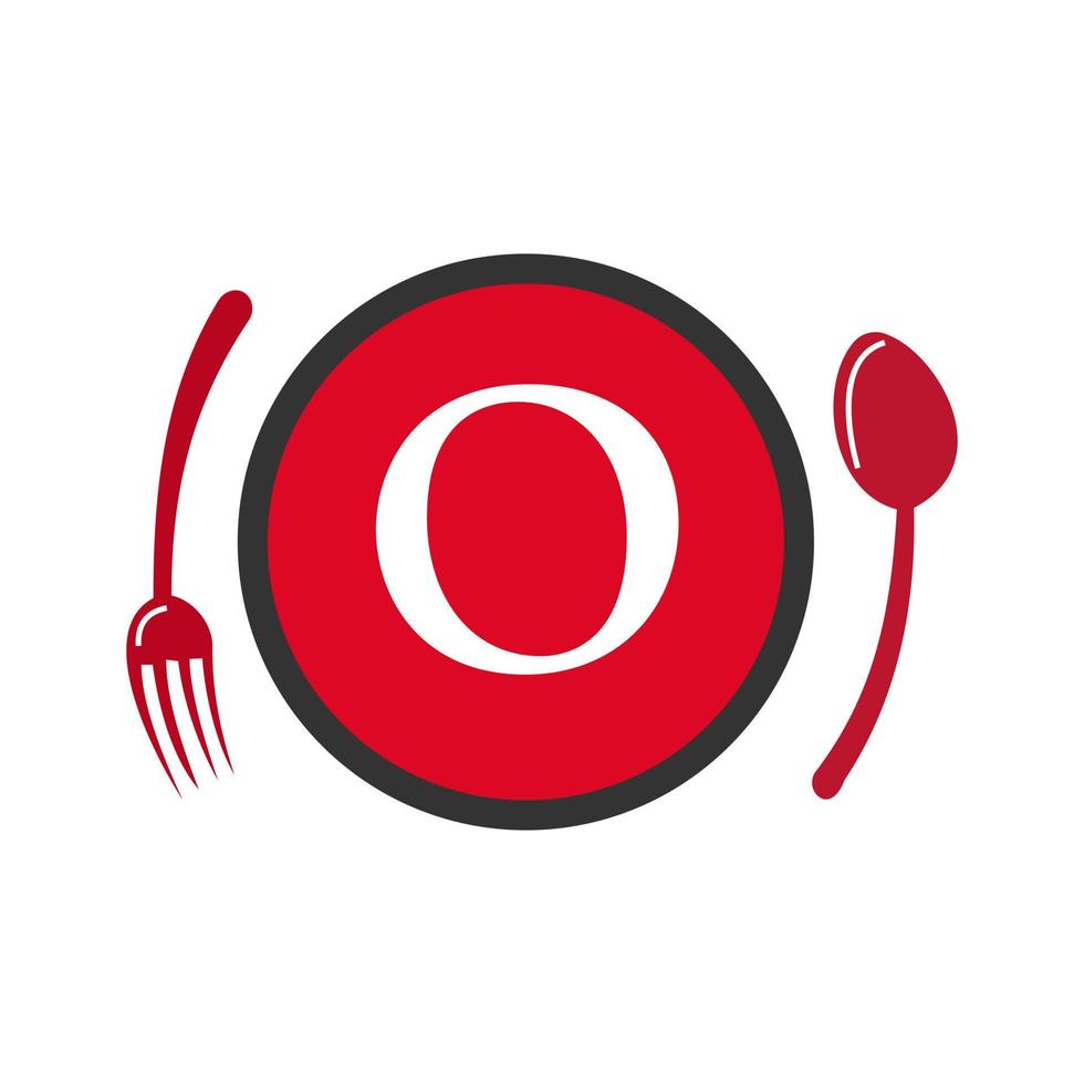 logotipo de restaurante en vector de concepto de cuchara y tenedor de letra o