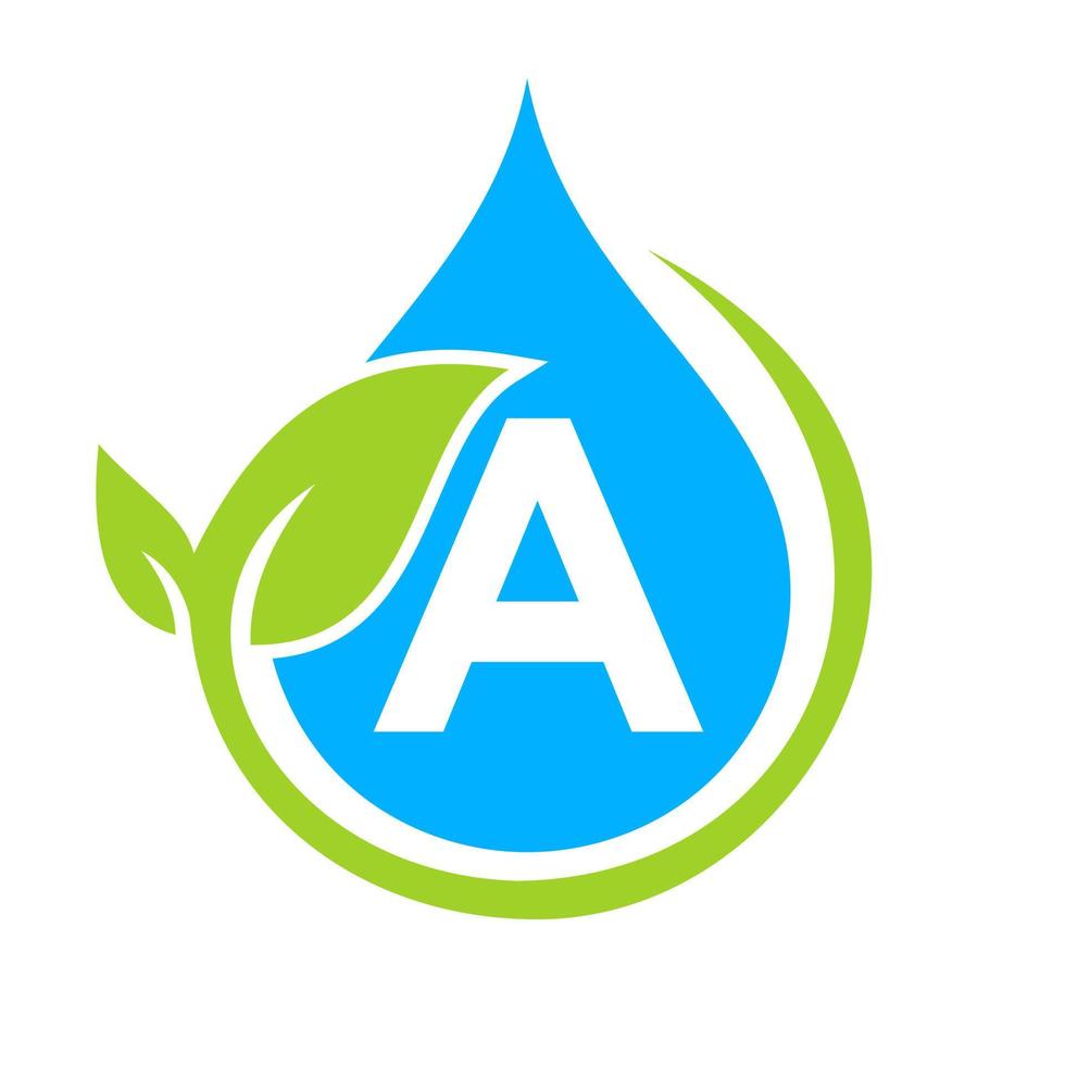 logotipo de hoja ecológica y gota de agua en la letra a plantilla vector