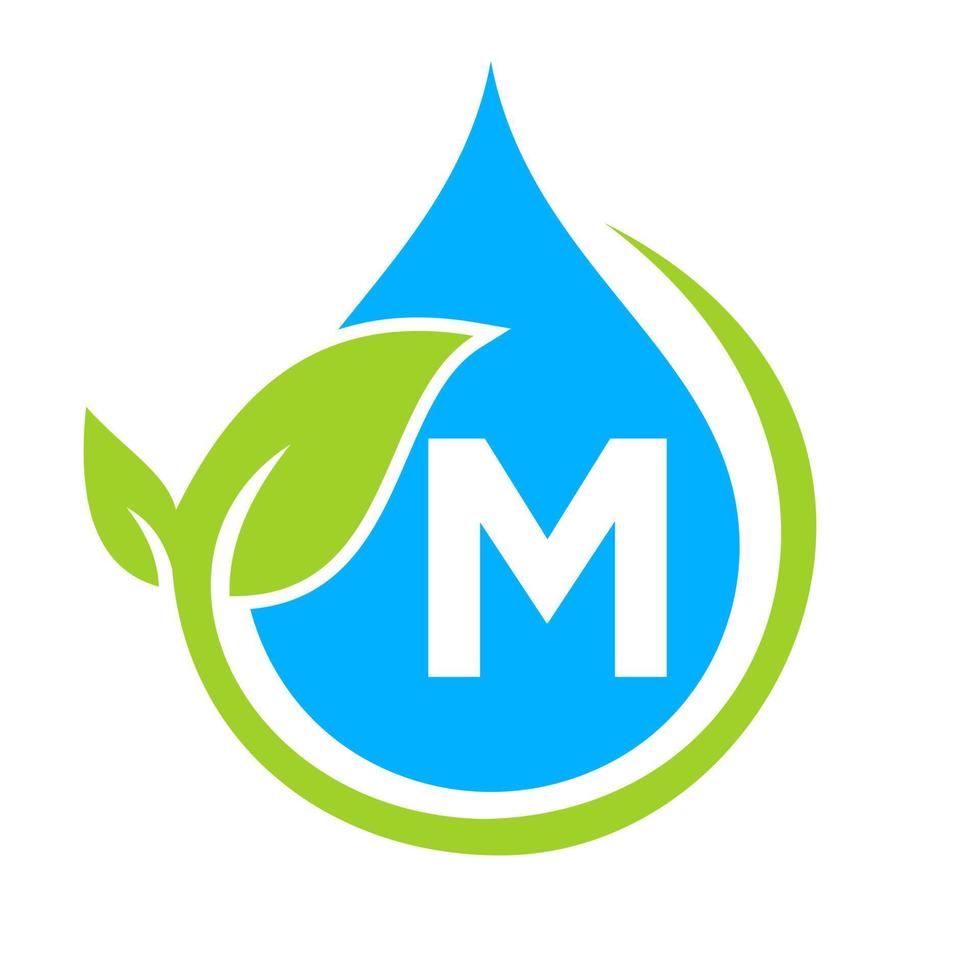 logotipo de hoja ecológica y gota de agua en plantilla de letra m vector