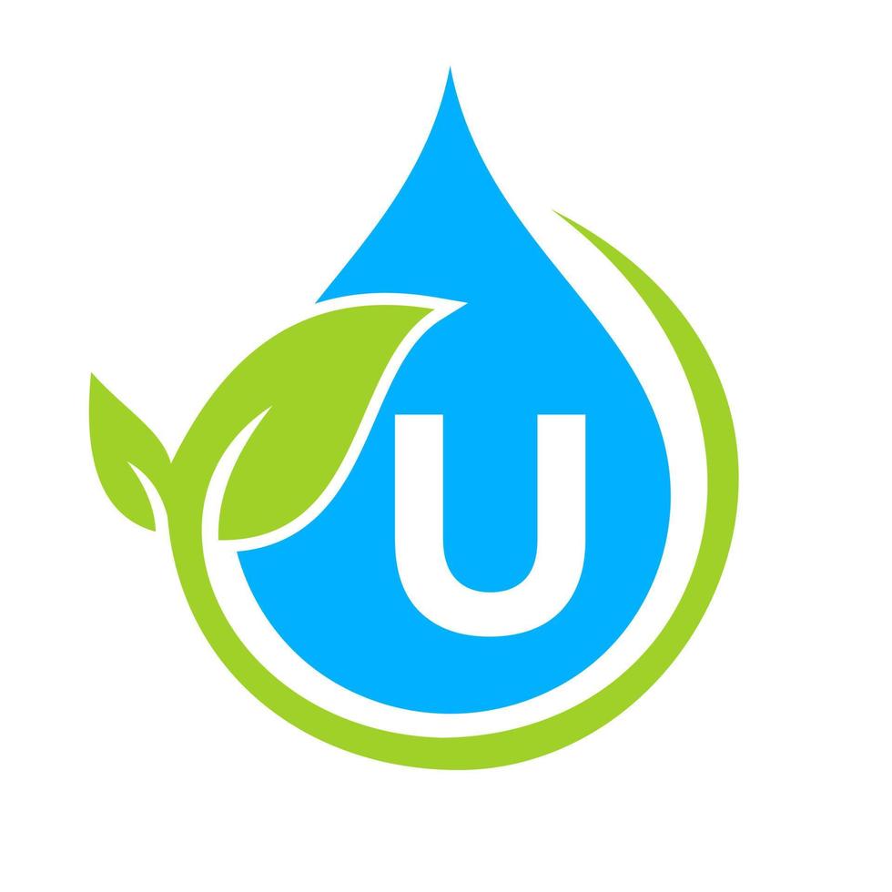 logotipo de hoja ecológica y gota de agua en plantilla de letra u vector