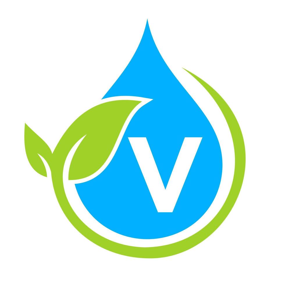 logotipo de hoja ecológica y gota de agua en la plantilla de letra v vector