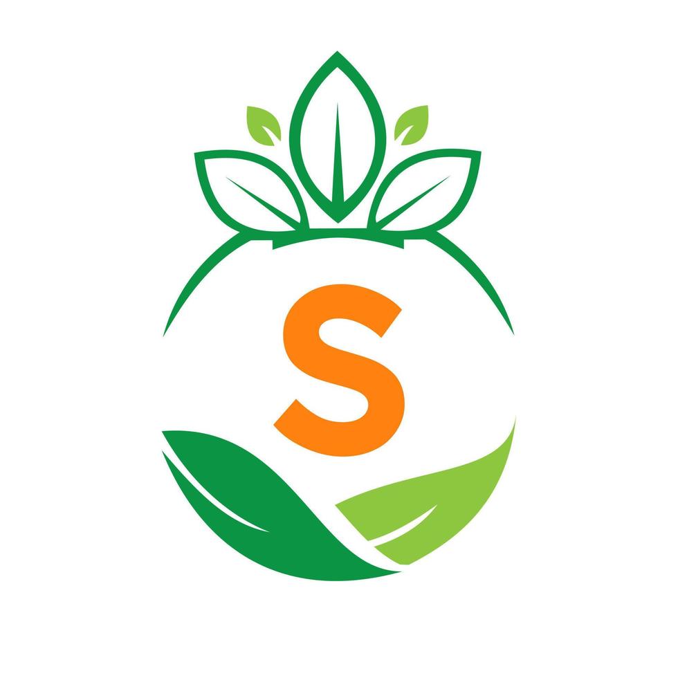 Ecology Health On Letter S Eco Organic Logo Fresh, Agriculture Farm Vegetables. Healthy Organic Eco Vegetarian Food Template vector