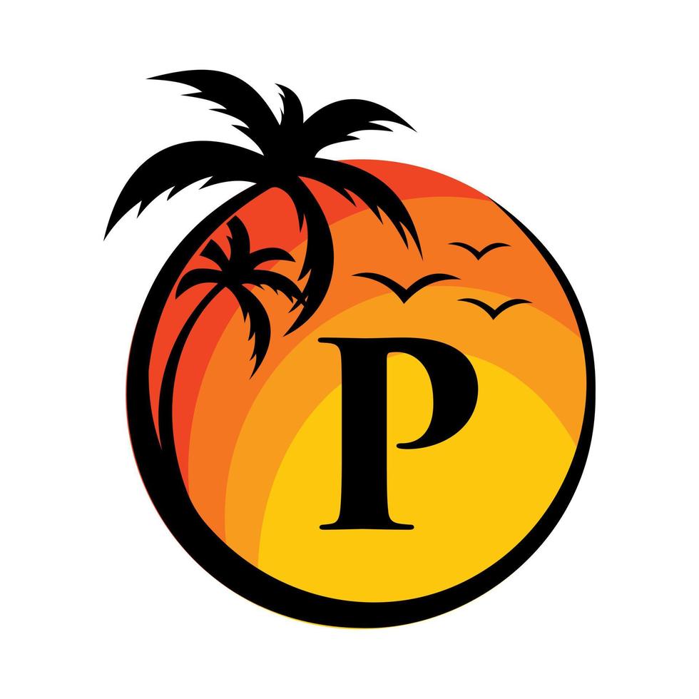 Beach Logo On Letter P Vector Sign. Summer Vacation On Tropical Beach Logotype