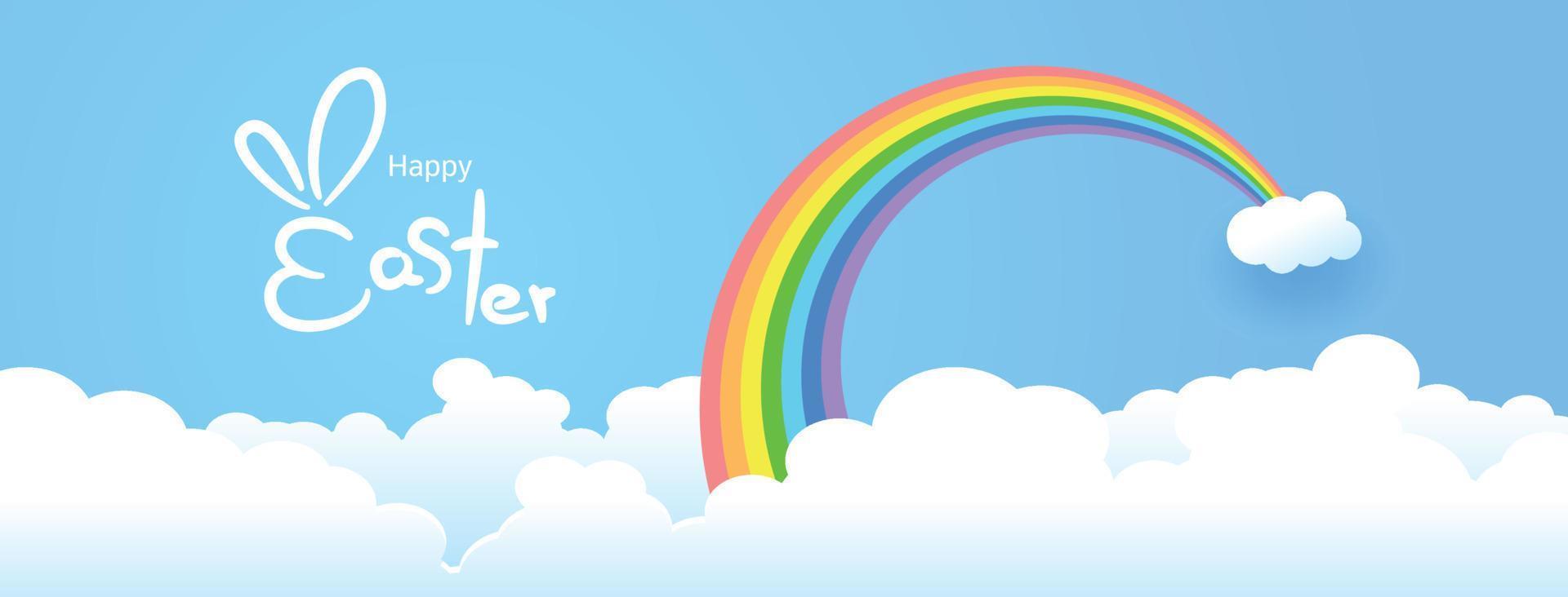 letras de mano de Pascua feliz con fondo de arco iris y nubes, estilo de arte de papel, ilustración vectorial vector