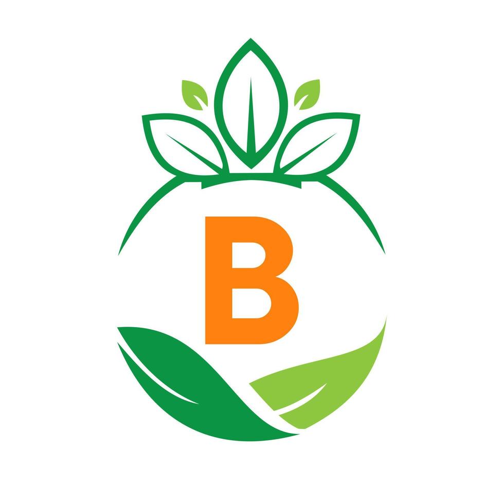 Ecology Health On Letter B Eco Organic Logo Fresh, Agriculture Farm Vegetables. Healthy Organic Eco Vegetarian Food Template vector