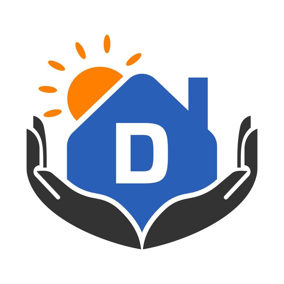 Letter D Real Estate Logo Concept with Sun, House and Hand Template. Safe Home Logo Element Vector
