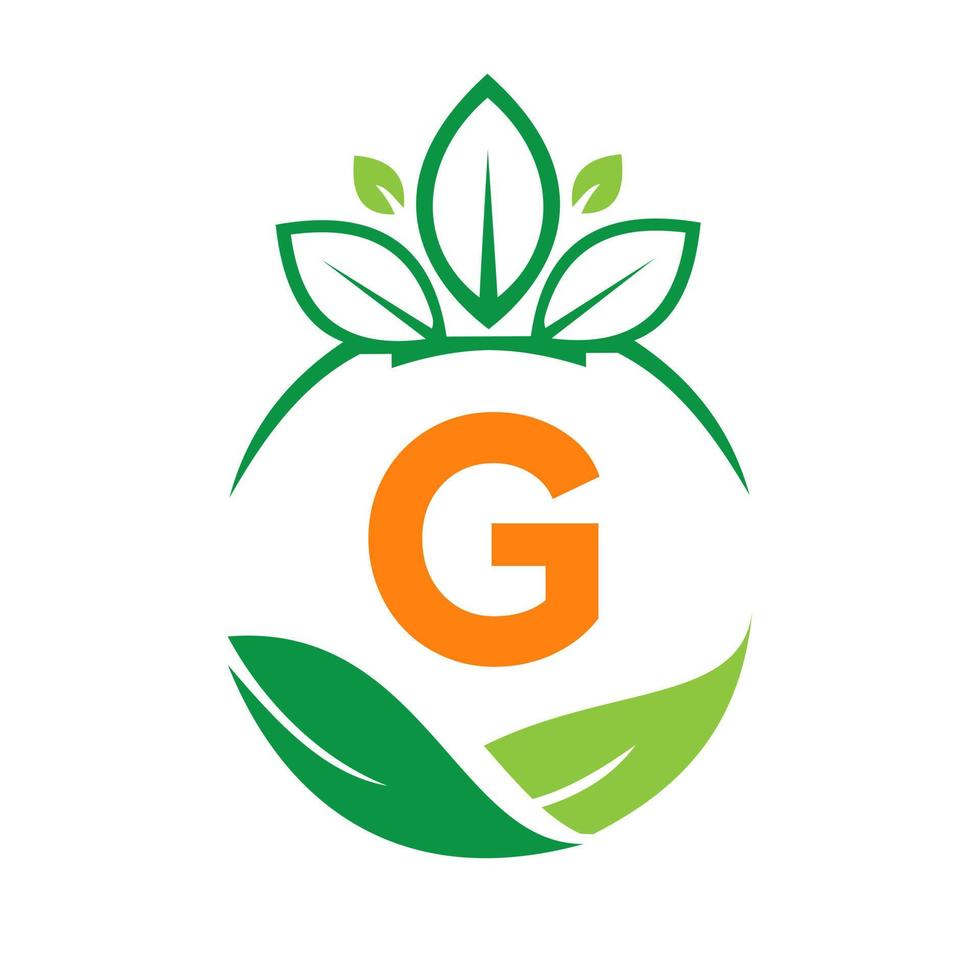 Ecology Health On Letter G Eco Organic Logo Fresh, Agriculture Farm Vegetables. Healthy Organic Eco Vegetarian Food Template vector