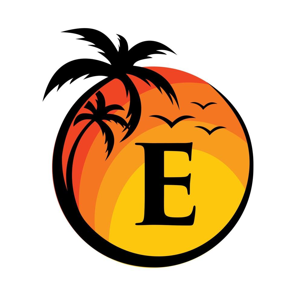 Beach Logo On Letter E Vector Sign. Summer Vacation On Tropical Beach Logotype