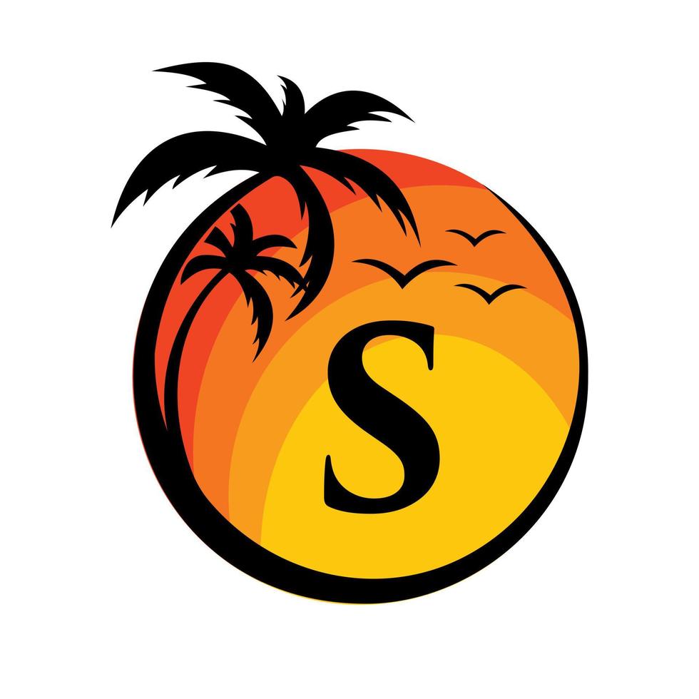 Beach Logo On Letter S Vector Sign. Summer Vacation On Tropical Beach Logotype