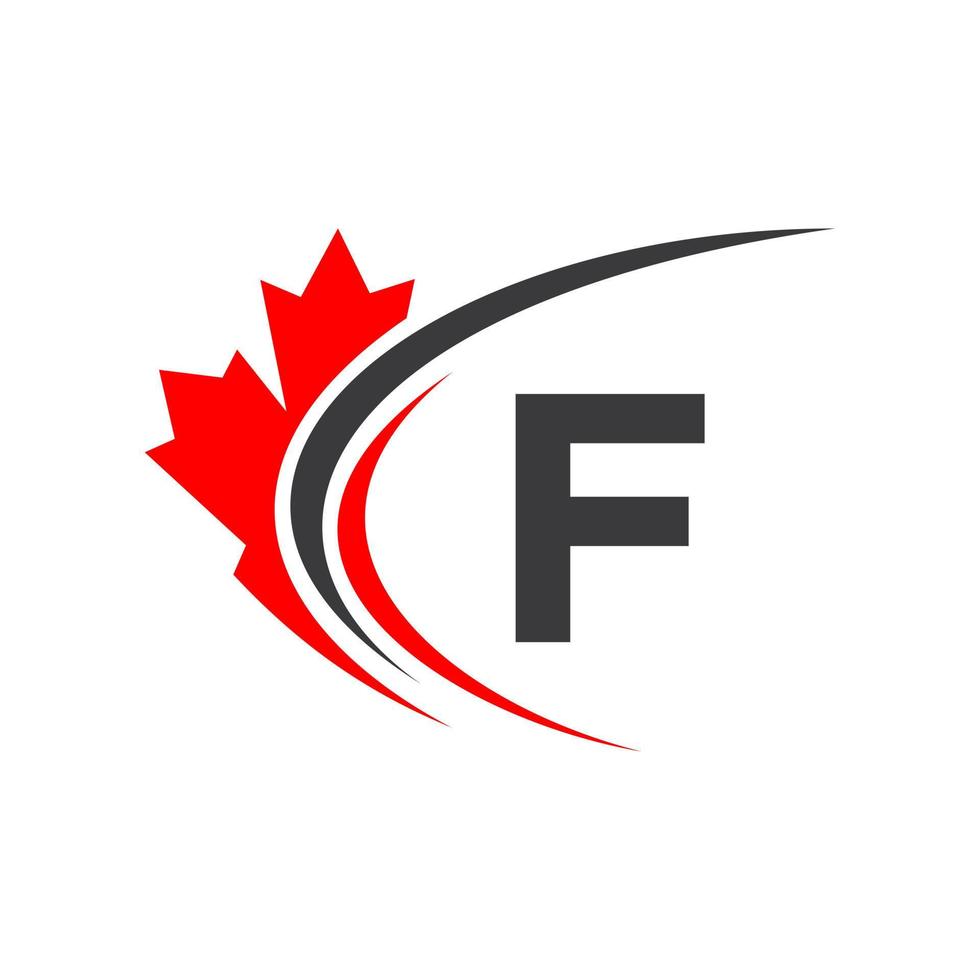 hoja de arce en la plantilla de diseño del logotipo de la letra f. logotipo de empresa canadiense, empresa y signo en hoja de arce roja vector