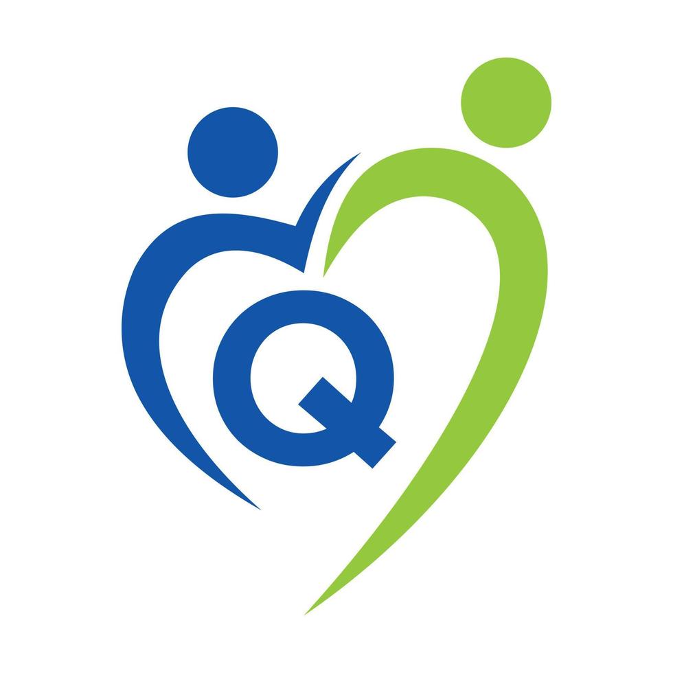 Community Care Logo On Letter Q Vector Template. Teamwork, Heart, People, Family Care, Love Logos. Charity Foundation Creative Charity Donation Sign