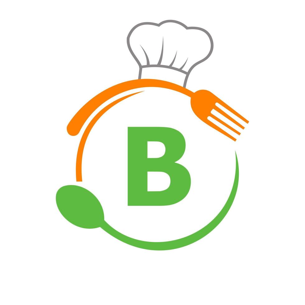 logotipo de la letra b con sombrero de chef, cuchara y tenedor para el logotipo del restaurante. logotipo de restaurante vector