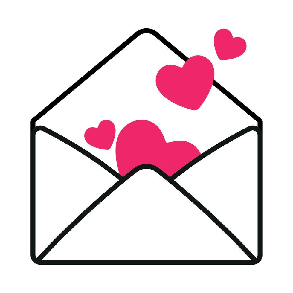 Flat Love Letter in Envelope Icon Clipart with Black Outline Vector Illustration