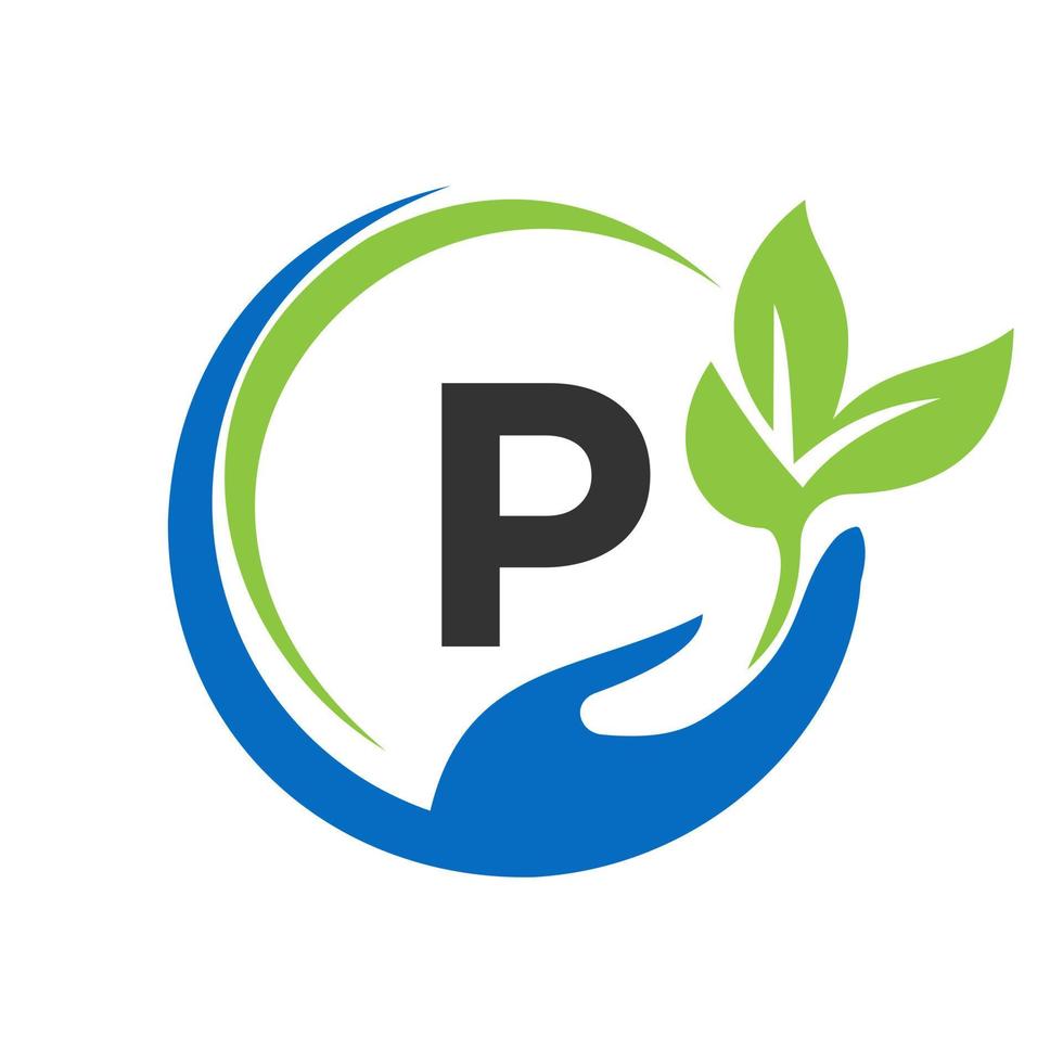mano en el diseño del logotipo de la letra p. cuidado de la salud, fundación con símbolo de mano vector