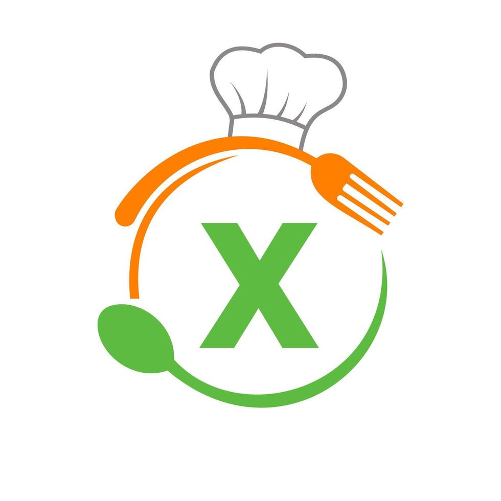 logotipo de la letra x con sombrero de chef, cuchara y tenedor para el logotipo del restaurante. logotipo de restaurante vector