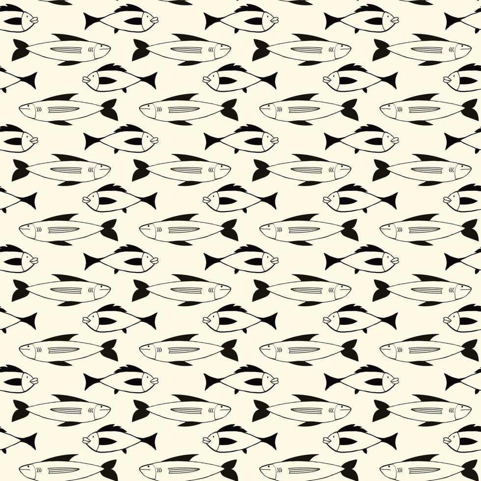 Pattern of Freaky quirky fishes in modern doodle style. vector