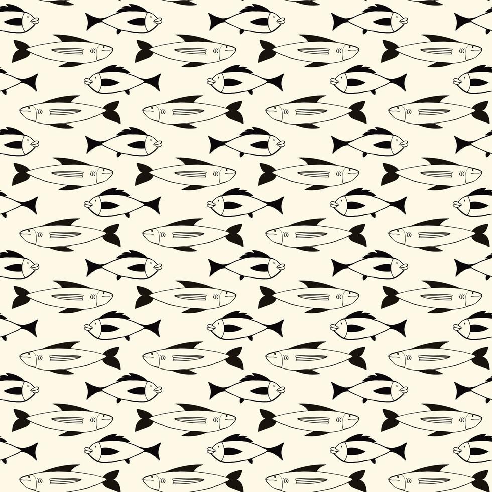 Pattern of Freaky quirky fishes in modern doodle style. vector