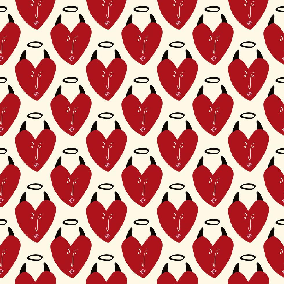 Valentines Day pattern with ugly devil hearts. Groovy cute love characters vector