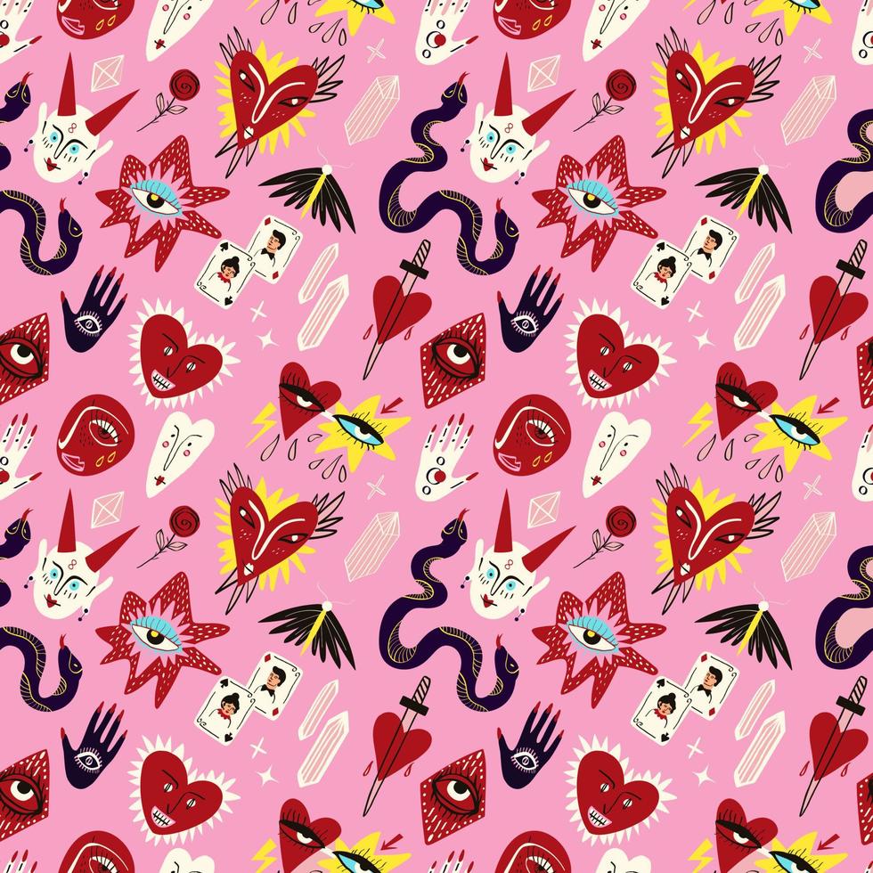 ugly Valentine pattern. Bizarre funky pattern for Valentines Day in doodle style vector