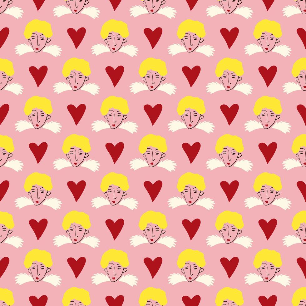 fancy angels and heart Valentines Day pattern. vector