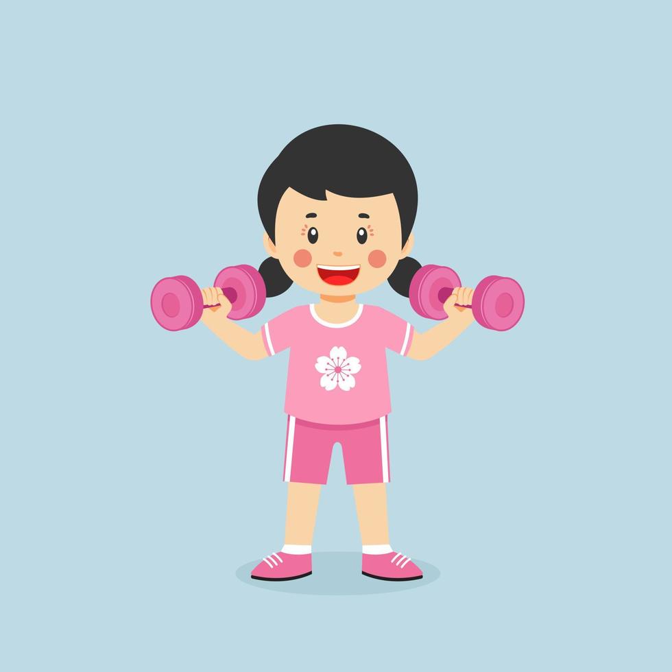 Little Girl Workout With Lift Dumbbell vector