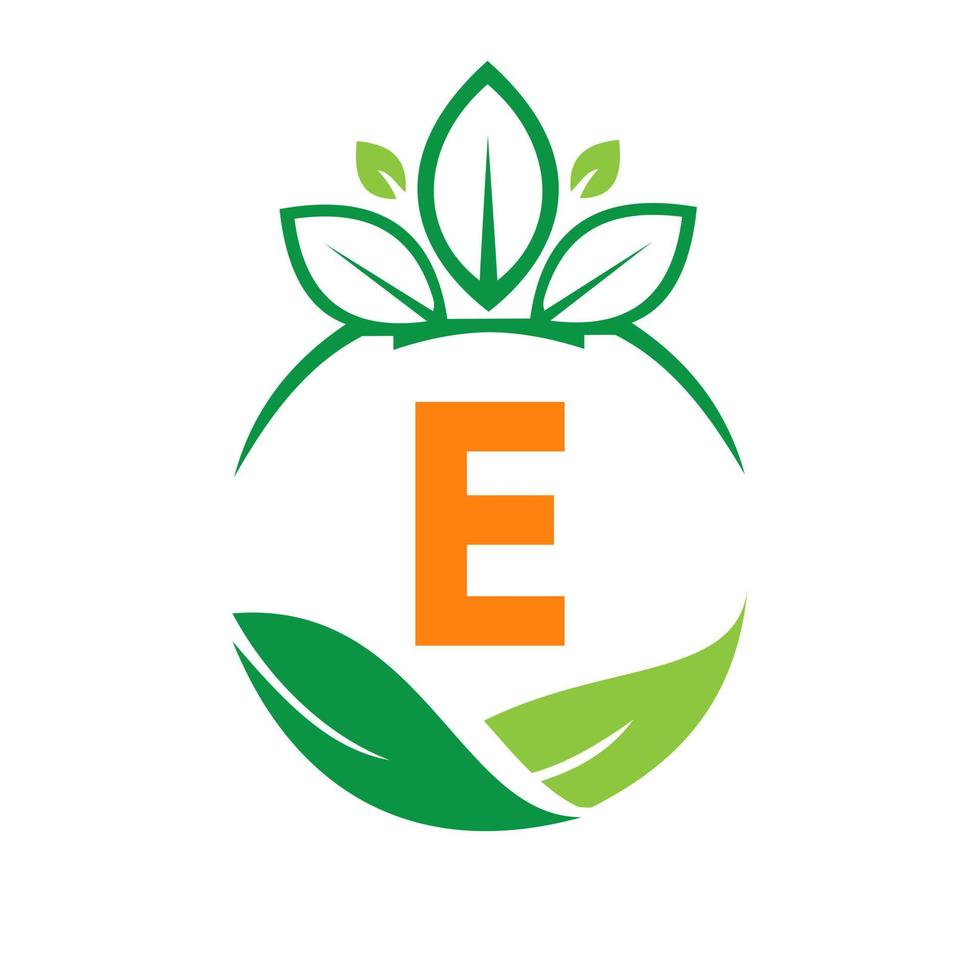 Ecology Health On Letter E Eco Organic Logo Fresh, Agriculture Farm Vegetables. Healthy Organic Eco Vegetarian Food Template vector