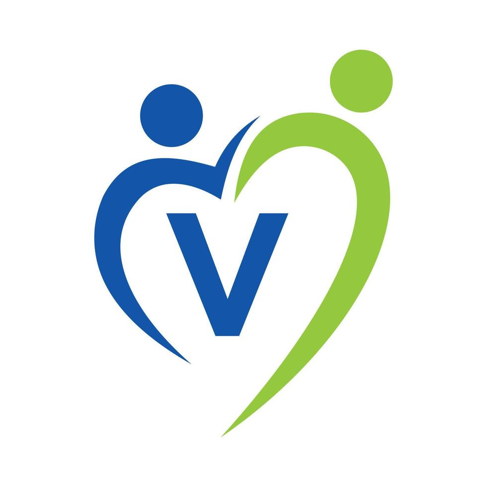 Community Care Logo On Letter V Vector Template. Teamwork, Heart, People, Family Care, Love Logos. Charity Foundation Creative Charity Donation Sign