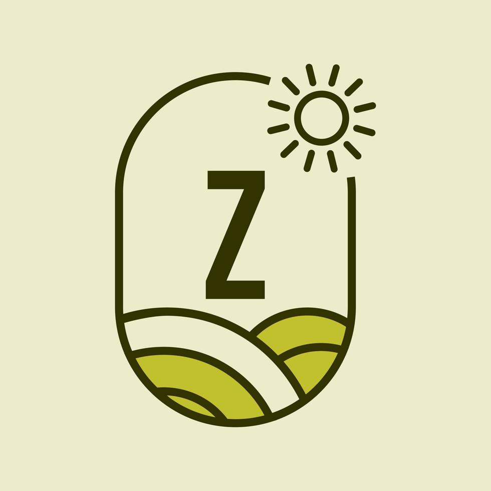 plantilla de emblema del logotipo de agricultura letra z. granja agrícola, agroindustria, signo de granja ecológica con sol y símbolo de campo agrícola vector