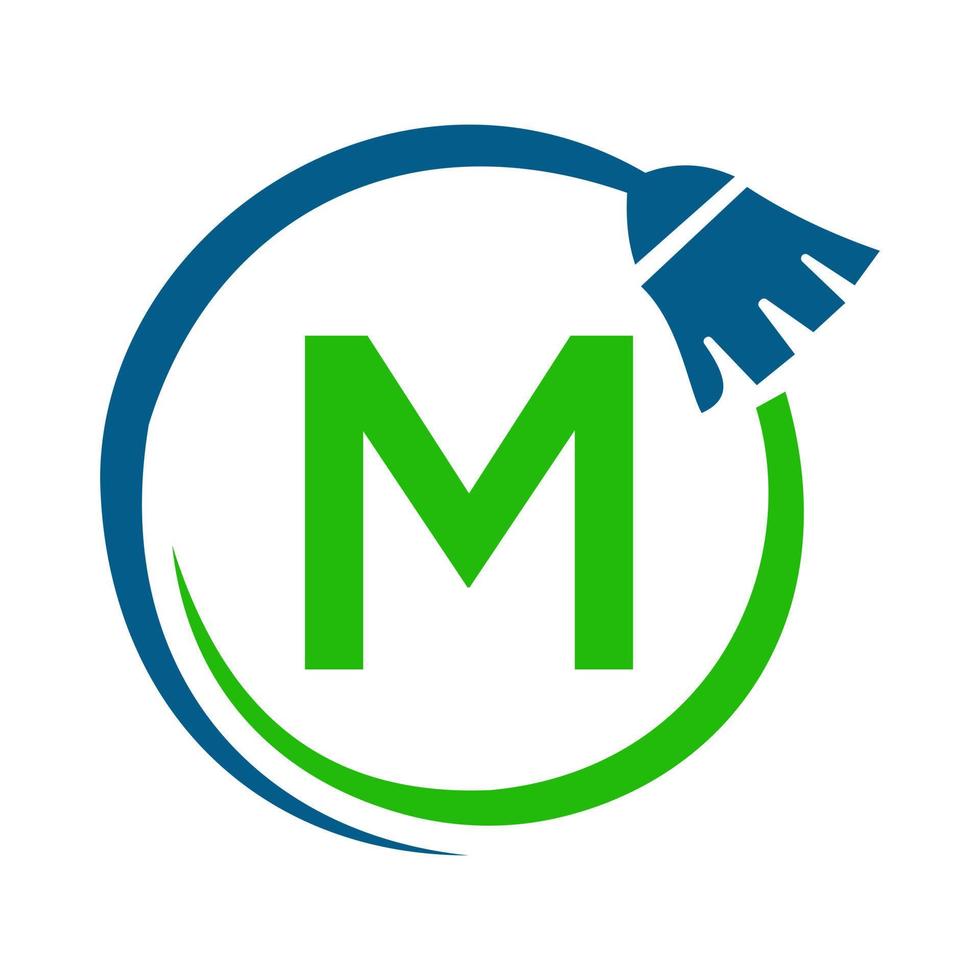 Maid House Cleaning Logo On Letter M Concept. Maid Logotype Cleaning Brush Icon vector