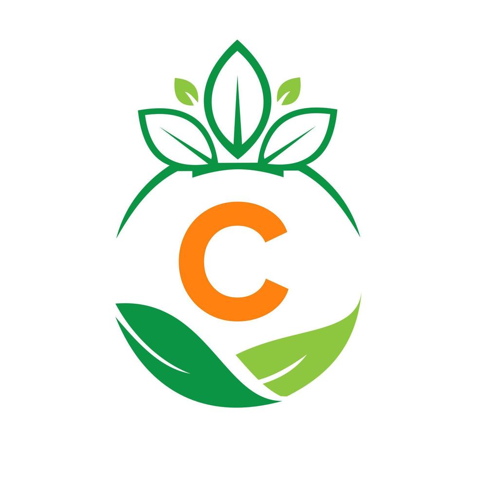 Ecology Health On Letter C Eco Organic Logo Fresh, Agriculture Farm Vegetables. Healthy Organic Eco Vegetarian Food Template vector