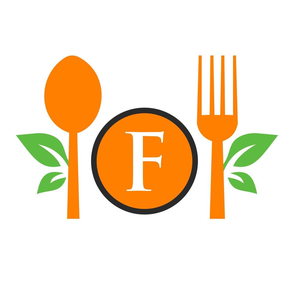Restaurant Logo On Letter F Template. Spoon and Fork, Leaf Symbol for Kitchen Sign, Cafe Icon, Restaurant, Cooking Business Vector