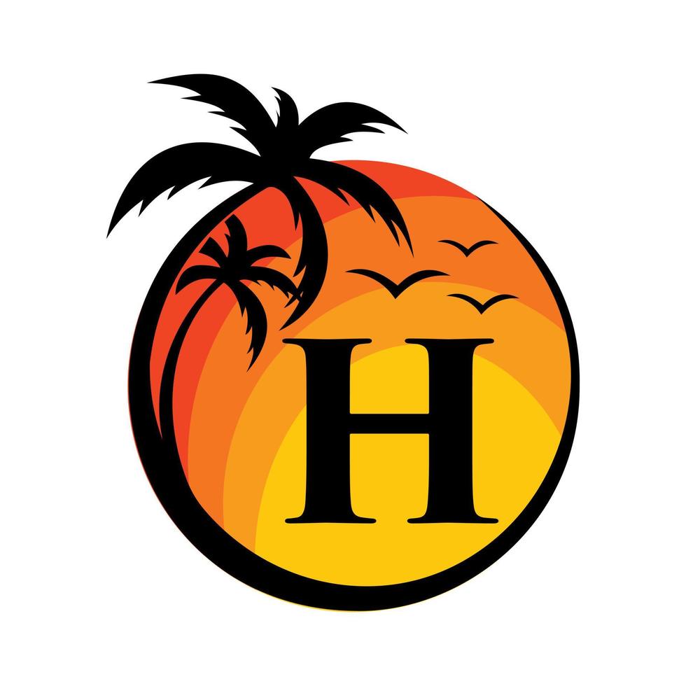 Beach Logo On Letter H Vector Sign. Summer Vacation On Tropical Beach Logotype