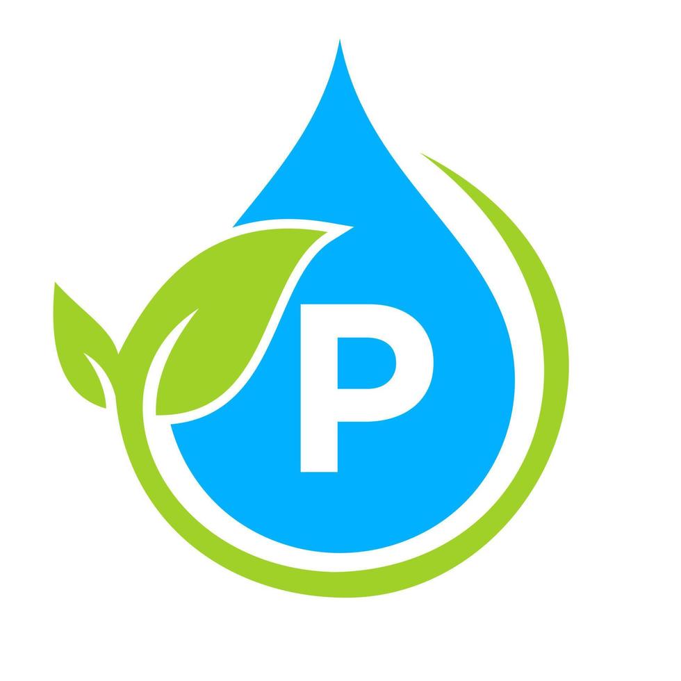 logotipo de hoja ecológica y gota de agua en la plantilla de letra p vector