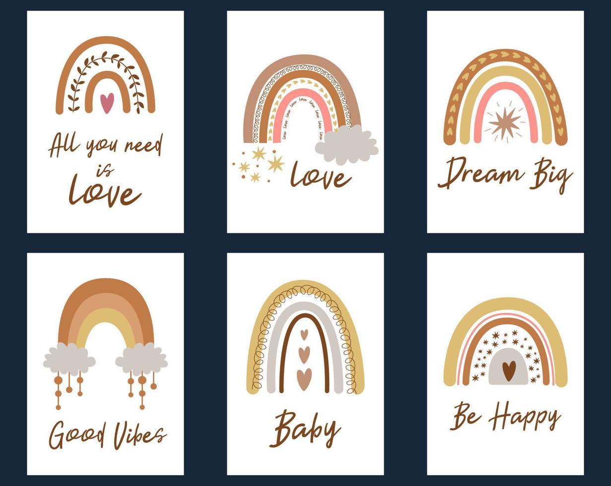 conjunto de lindas tarjetas de baby shower con citas de caligrafía de arco iris boho. niños arcoiris. perfectas invitaciones boho chic, tarjetas de felicitación, carteles. arcoíris de bebé en colores pastel. ilustración vectorial vector