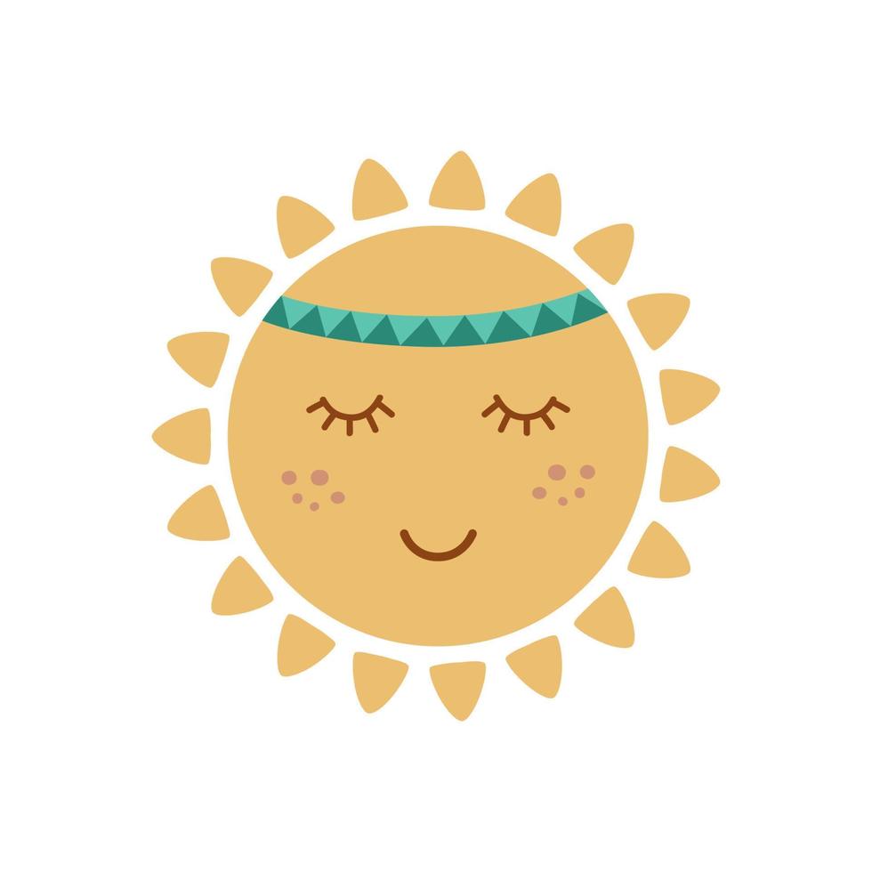 Cute sun with face in tribal boho styel. Graphic element for kids design. Smiling sun. Summer concept. Vector illustration. Hand drawn sun isolated on white. Aztec yellow sun icon, logo.