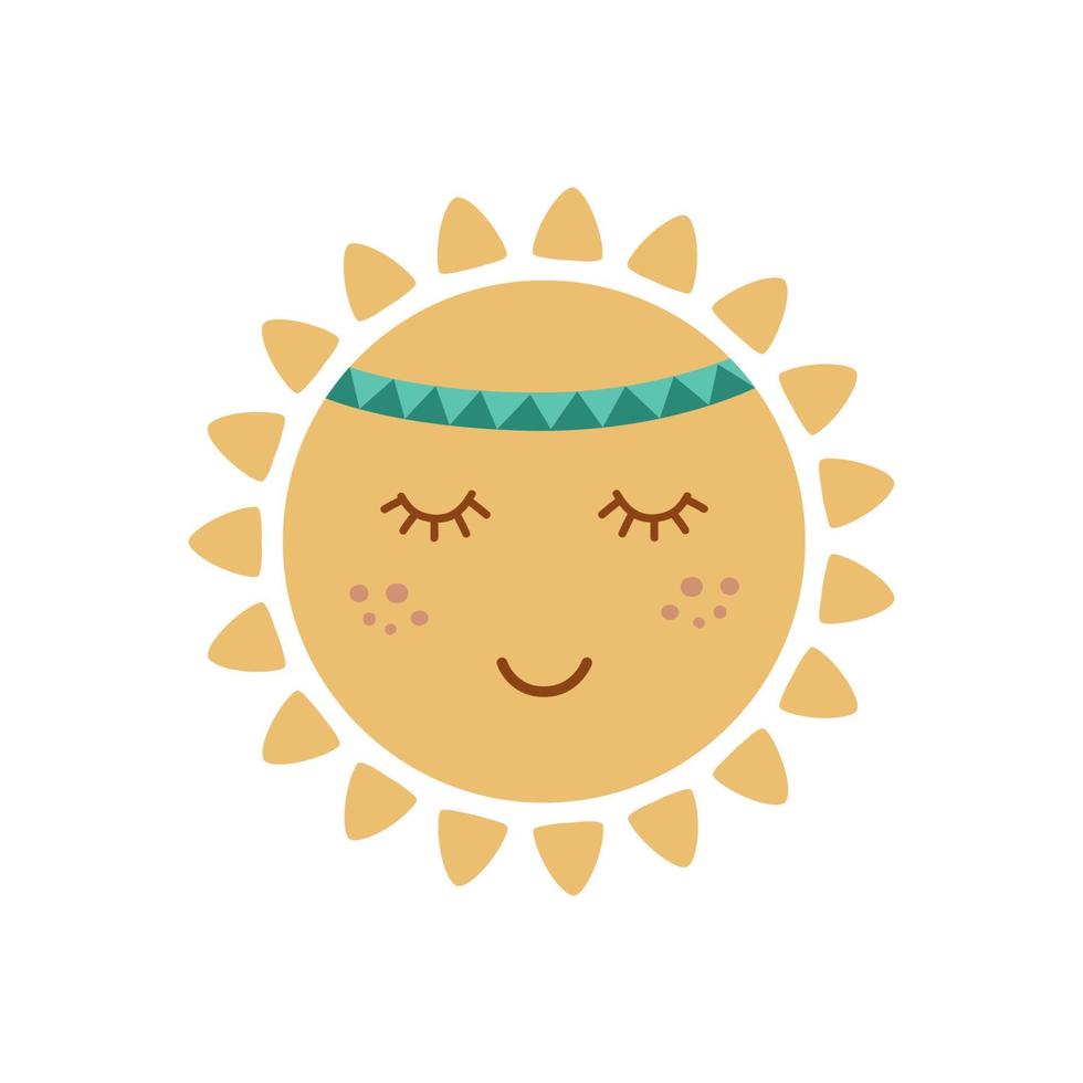 Cute sun with face in tribal boho styel. Graphic element for kids design. Smiling sun. Summer concept. Vector illustration. Hand drawn sun isolated on white. Aztec yellow sun icon, logo.