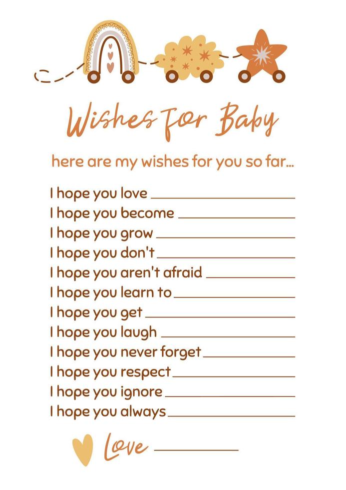 Baby Shower game Wishes for Baby Gender neutral mommy to be activity card, template with boho rainbow train. Cute game for boy and girl. Printable vector illustration. 17640516 Vector Art at Vecteezy baby-shower-game-wishes-for-baby-gender-neutral-mommy-to-be-activity-card-template-with-boho-rainbow-train-cute-game-for-boy-and-girl-printable-vector-illustration-17640516-vector-art-at-vecteezy
