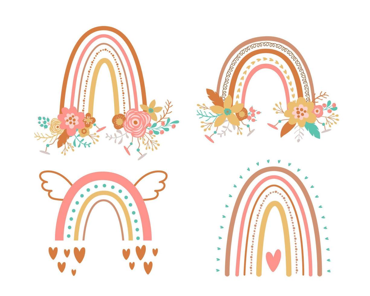 Floral rainbow set Tribal boho chic rainbow flowers clipart. Pink bohemian rainbow isolated. Cute girly graphic element. Love St. Valentines symbols. Romantic rainbow shapes. Vector illustration.