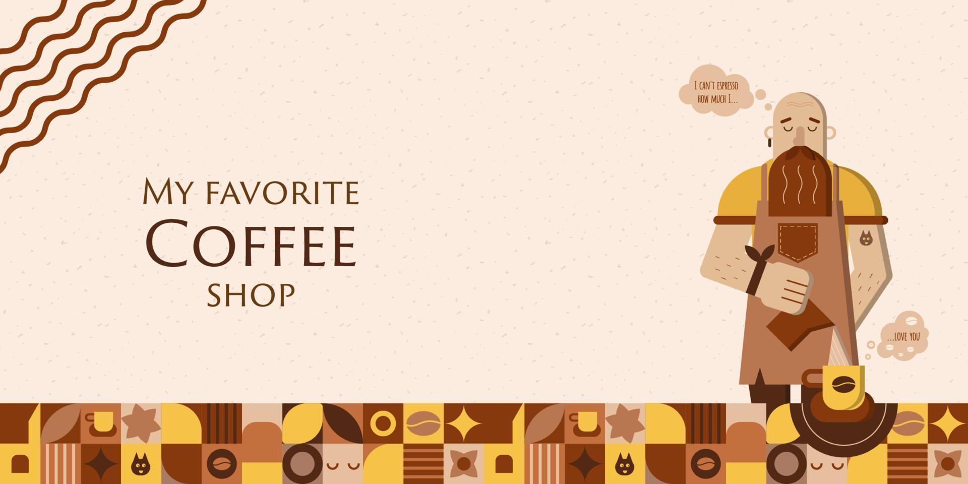 Horizontal coffee shop banner with barista making coffee in cup on square geometric abstract mosaic table. Poster for coffee house, coffee break, cafeteria, restaurant, web page. Vector illustration.