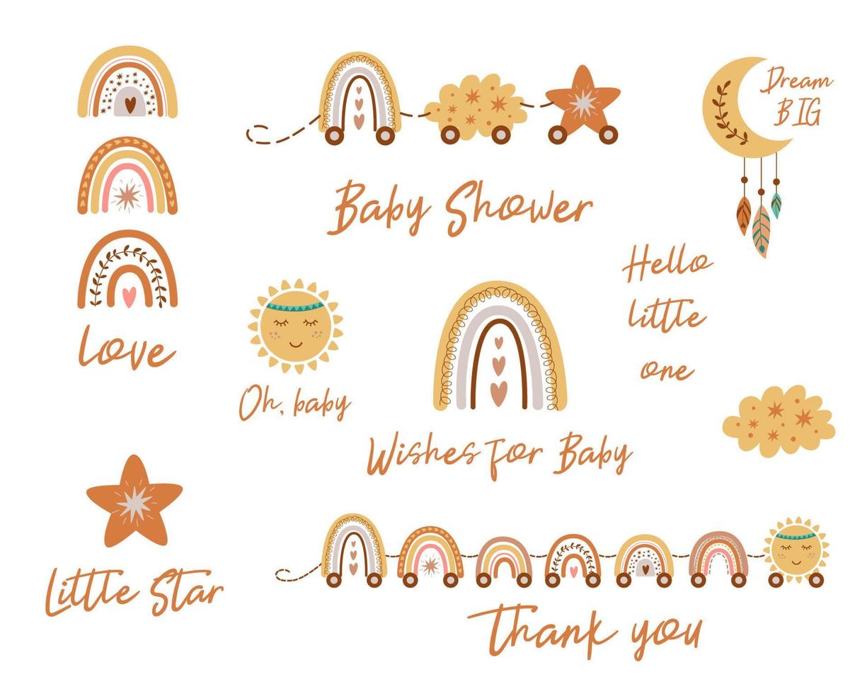 Baby shower phrases for boho invitations. Cute posters with moon, stars, clouds, funny rainbows train. Prints for baby room, baby shower, greeting card, kids birthday. Hand drawn vector illustration.