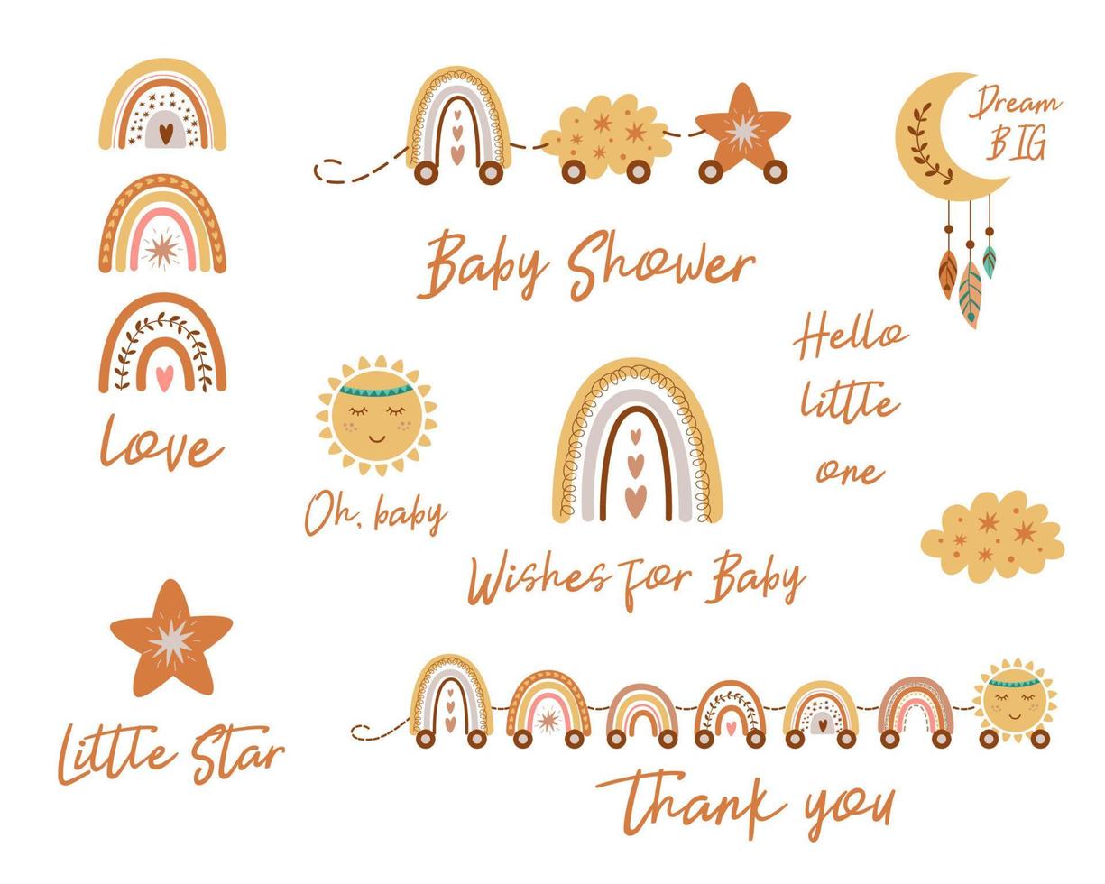 frases de baby shower para invitaciones boho. lindos carteles con luna, estrellas, nubes, tren de arco iris divertido. impresiones para la habitación del bebé, la ducha del bebé, la tarjeta de felicitación, el cumpleaños de los niños. ilustración vectorial dibujada a mano. vector