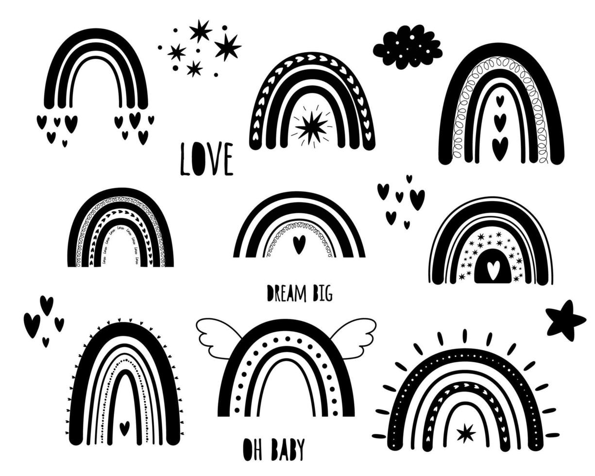 conjunto de arco iris boho. lindo doodle arco iris niños diseño baby shower, cumpleaños, elementos de fiesta infantil. imágenes prediseñadas de garabatos. ilustración vectorial colección de diferentes formas de arco iris símbolos gráficos aislados. vector