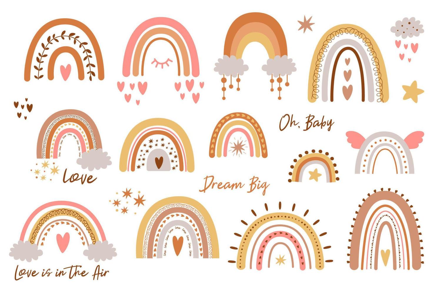 Baby rainbow set. Rainbow kids design pastel shapes Hand drawn cute rainbows collection doodle sweet elements. Boho rainbow vector illustration isolated shapes. Baby shower decor, clouds, star, heart.